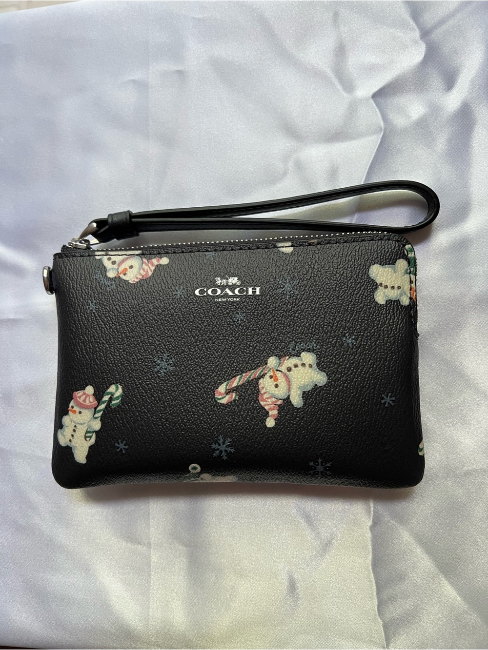 Coach Black Snowman Wristlet with Holiday Print. NWT